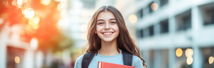 Sticker - Joyful Teenage Girl Embracing Urban Adventure with Book and Bag, City Life and Study Concept