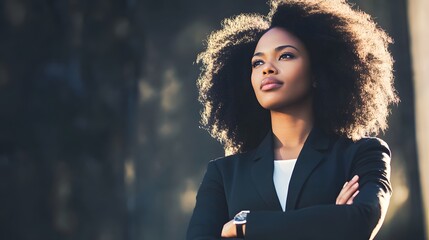 Canvas Print - A young Black woman with an afro looks off into the distance with her arms crossed.