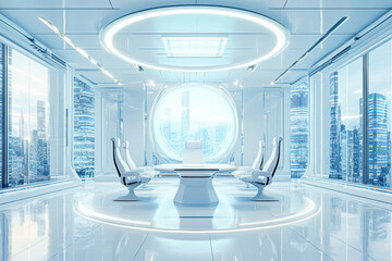 A futuristic office with a large window and a round table