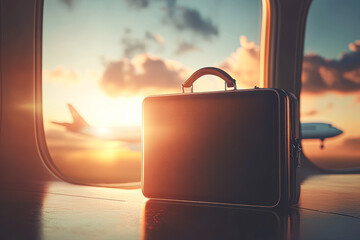 Wall Mural - A black briefcase sits on a table in front of an airplane window