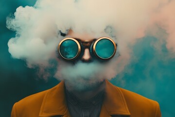 Mysterious person with goggles and cloud of smoke, futuristic or fantasy concept