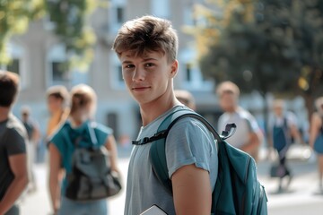 Young man wearing a backpack stands in front of a brick building.