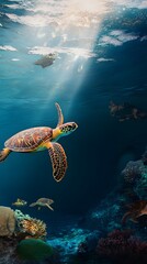 Canvas Print - A sea turtle swims through the blue water, sunbeams streaming down from above.