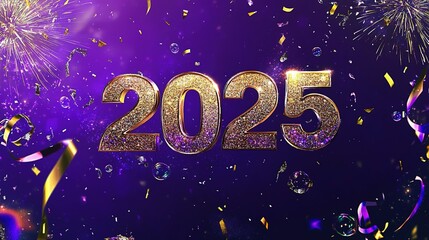 Wall Mural - Celebratory New Year 2025 display with sparkling numbers, confetti, and fireworks on a vibrant purple backdrop