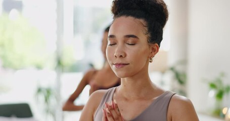 Poster - Meditation, woman and breathing in yoga studio for health, wellness and care in living room. Calm, relax and peace of an African female person with spiritual practice in a house for zen with namaste