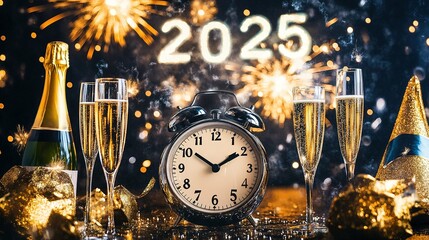 Wall Mural - Celebrating the new year 2025 with champagne, festive decorations, and an alarm clock counting down to midnight