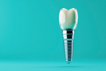 Wall Mural - Close-up of a dental implant with a screw and an artificial tooth against a solid turquoise background.