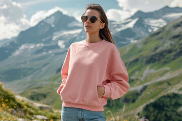 Wall Mural - A woman wearing a pink sweatshirt stands on a mountain top.,