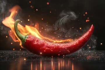 Wall Mural - Delicious smoky red hot pepper isolated on dark background. Bright red hot chili pepper covered in water droplets with smoke curling around it and flames behind it. Flaming red hot pepper.