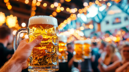 Wall Mural - A group of friends raises large beer mugs in celebration at an outdoor festival - Oktoberfest concept