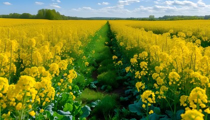 Vibrant canola field in full bloom under a clear blue sky, showcasing the beauty of agriculture and expansive natural landscapes