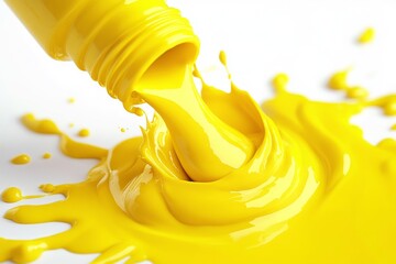 Poster - Yellow paint pouring smoothly from a tube into a pool of vibrant liquid showcasing color fluidity and viscosity