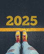 © Maxim P - feet in sneakers at the start of the new year 2025 on the asphalt