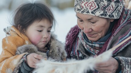 Close-up candid portrait of a northern tribeswoman teaching a child how to weave fur, both bundled in thick clothing as they work together in the cold