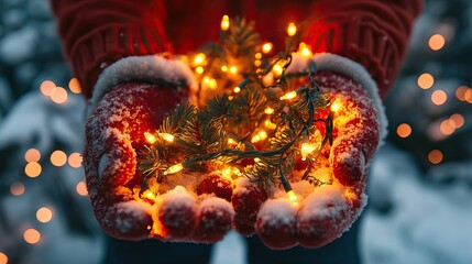 Gloved hands holding glowing Christmas lights in the snow. AI generated image