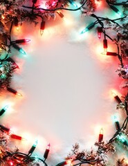 Wall Mural - snowy christmas background with colorful lights around the edge. text space. ai generated image