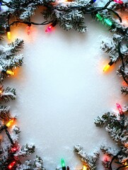 Wall Mural - snowy christmas background with colorful lights around the edge. text space. ai generated image