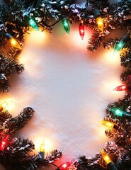 Wall Mural - snowy christmas background with colorful lights around the edge. text space. ai generated image