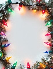 snowy christmas background with colorful lights around the edge. text space. ai generated image