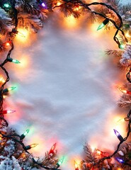 Wall Mural - snowy christmas background with colorful lights around the edge. text space. ai generated image