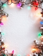 Wall Mural - snowy christmas background with colorful lights around the edge. text space. ai generated image
