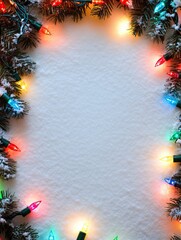 Wall Mural - snowy christmas background with colorful lights around the edge. text space. ai generated image