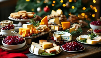 Wall Mural - Festive holiday feast featuring an array of delectable desserts and a cheese platter adorned on a winter table for seasonal celebration and culinary joy