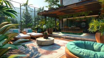 Wall Mural - Luxury Tropical Patio with Lounge Chairs and a Kitchen