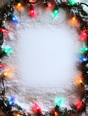 Wall Mural - snowy christmas background with colorful lights around the edge. text space. ai generated image