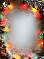 Wall Mural - snowy christmas background with colorful lights around the edge. text space. ai generated image
