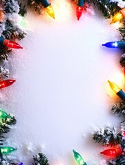 Wall Mural - snowy christmas background with colorful lights around the edge. text space. ai generated image