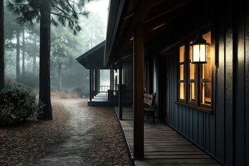 Wall Mural - Rustic cabins in a foggy forest with warm, inviting light emanating from windows and a hanging lantern beside a wooden bench on the porch.