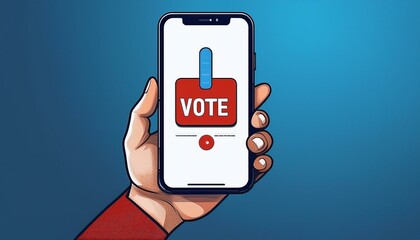 Close-up of a hand holding a phone with a Vote reminder notification on screen, digital reminder, get out the vote civic duty art