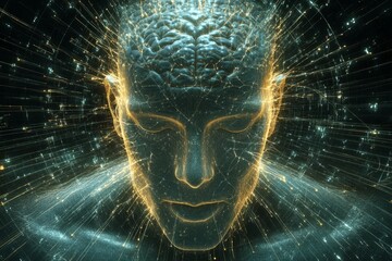 Poster - Abstract human head rendered with intricate light patterns symbolizing the complexity of human thought and intelligence