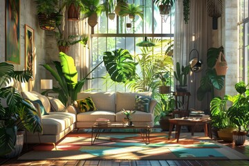 Poster - A photorealistic depiction of a sunlit living room adorned with lush greenery, featuring hanging plants, potted ferns, and a vibrant monstera leaf against a modern backdrop