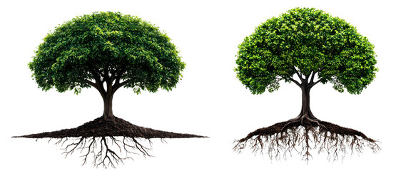 illustration of two trees showcasing roots and foliage, symbolizing growth, nature, and environmenta