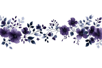 Sticker - Seamless border adorned with elegant dark purple and blue flowers, along with leaves on a white background. Ideal for use in textile patterns, wallpaper, and decorative designs.