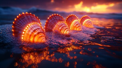 Sparkling seashells near the shore with lighting at sunset