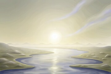 Serene landscape with a soft glowing sunrise over water.