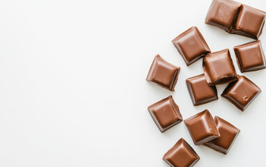 A group of smooth, square-shaped milk chocolate pieces arranged on a white surface, highlighting their rich texture and glossy finish, creating a clean and minimalist visual.