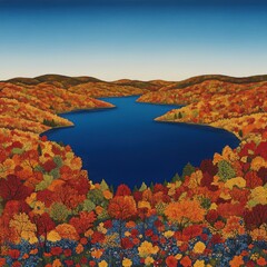 Wall Mural - Vibrant autumn landscape with a serene lake and colorful foliage