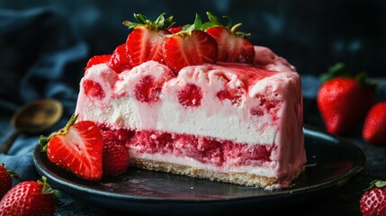 Wall Mural - Strawberry dessert layered with cream and berries on dark