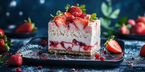 Wall Mural - Decadent strawberry dessert with layers of cream and berries on a plate