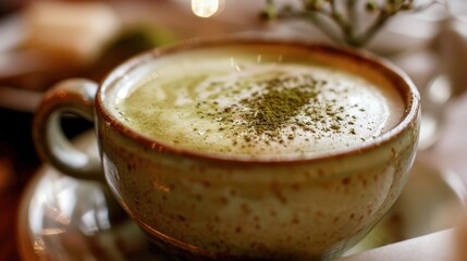 Wall Mural - A cup of green tea with a green powder on top