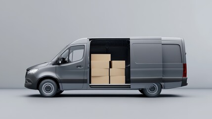 Wall Mural - Delivery van with cardboard boxes in the background