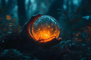 Canvas Print - Hand holding glowing crystal ball in dark forest, fantasy and magic concept