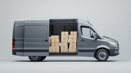 Wall Mural - Delivery van with cardboard boxes in the background