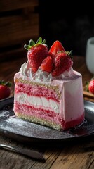 Wall Mural - Delicious strawberry layer cake with whipped cream on a wooden table