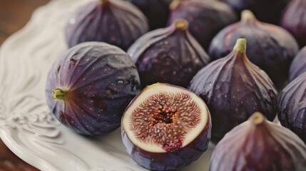 Canvas Print - A plate of purple figs with one cut open