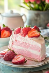 Wall Mural - Delicious strawberry layer cake with whipped cream and fresh strawberries